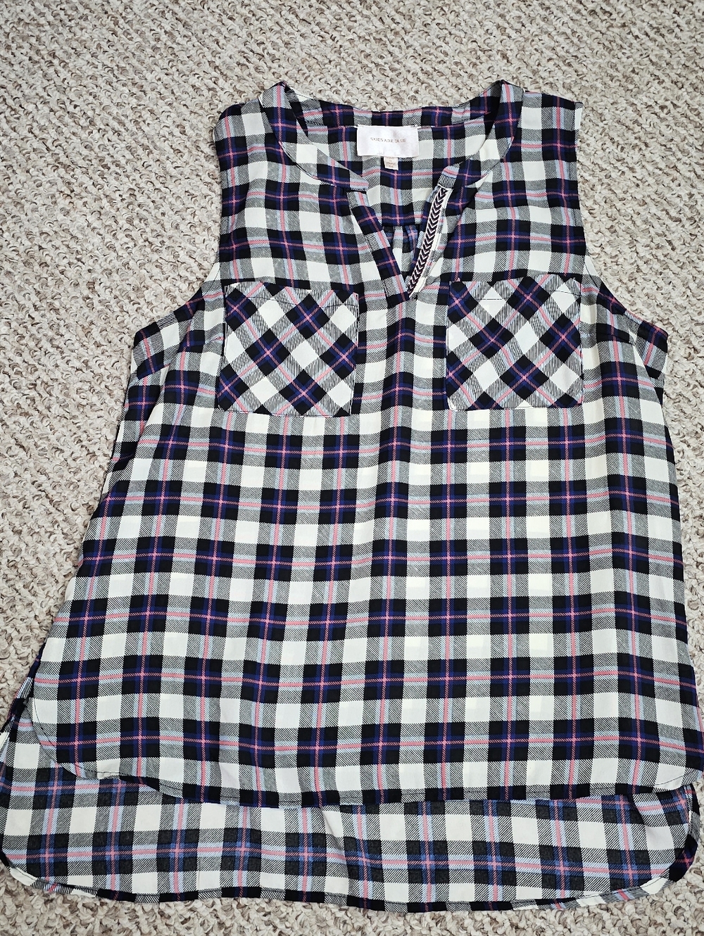 Sleeveless Plaid Shell Top in White, Black & Purple